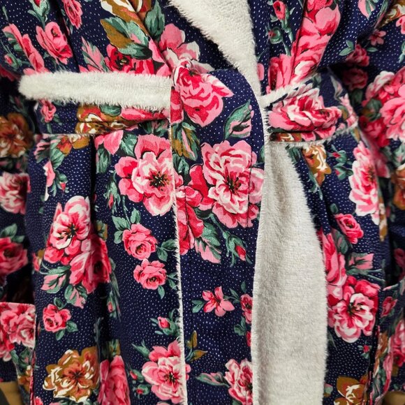 Vintage Diamond Tea Floral Cotton Robe Size L Terry Lined Navy Blue Pink - Picture 3 of 11